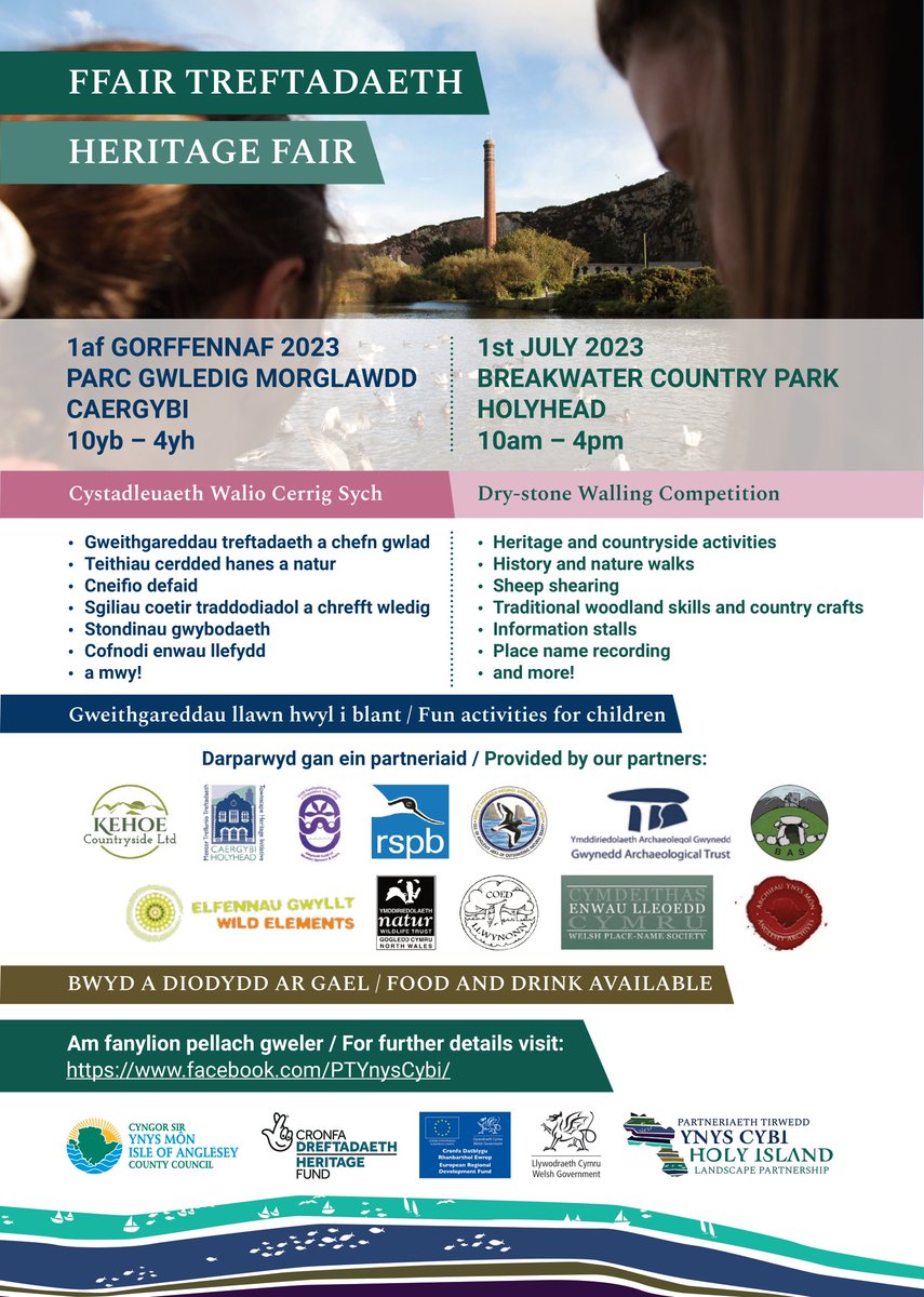 For a fun day of activities join heritage and environment organisations at the Breakwater Country Park for the Partnership Heritage Fair on 1st July 
<a href="/angleseycouncil/">Isle of Anglesey County Council</a> <a href="/HeritageFundUK/">The National Lottery Heritage Fund</a> <a href="/North_Wales_WT/">North Wales Wildlife Trust</a> <a href="/Wild_Elements/">Wild Elements</a> <a href="/RSPBSouthStack/">RSPB South Stack</a> @GwyneddArch <a href="/MonCFAnglesey/">Môn CF Anglesey</a> @HHMaritime <a href="/MedrwnMon/">Medrwn Môn</a>