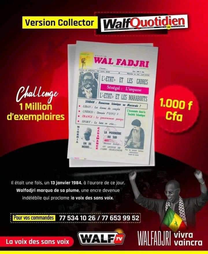njaay_lahad's tweet photo. Un autre moyen pour sauver le groupe Walfadjiri. 
La version papier du 1er édition journal Walfadjiri éditée à 1million exemplaires et vendue à 1000 FCFA l'unité. 
Faites vos commandes sur les numéros sur l'affiche.
Walfadjiri la voix des sans voix.
#FreeSenegal https://t.co/1NIFv8AOv6