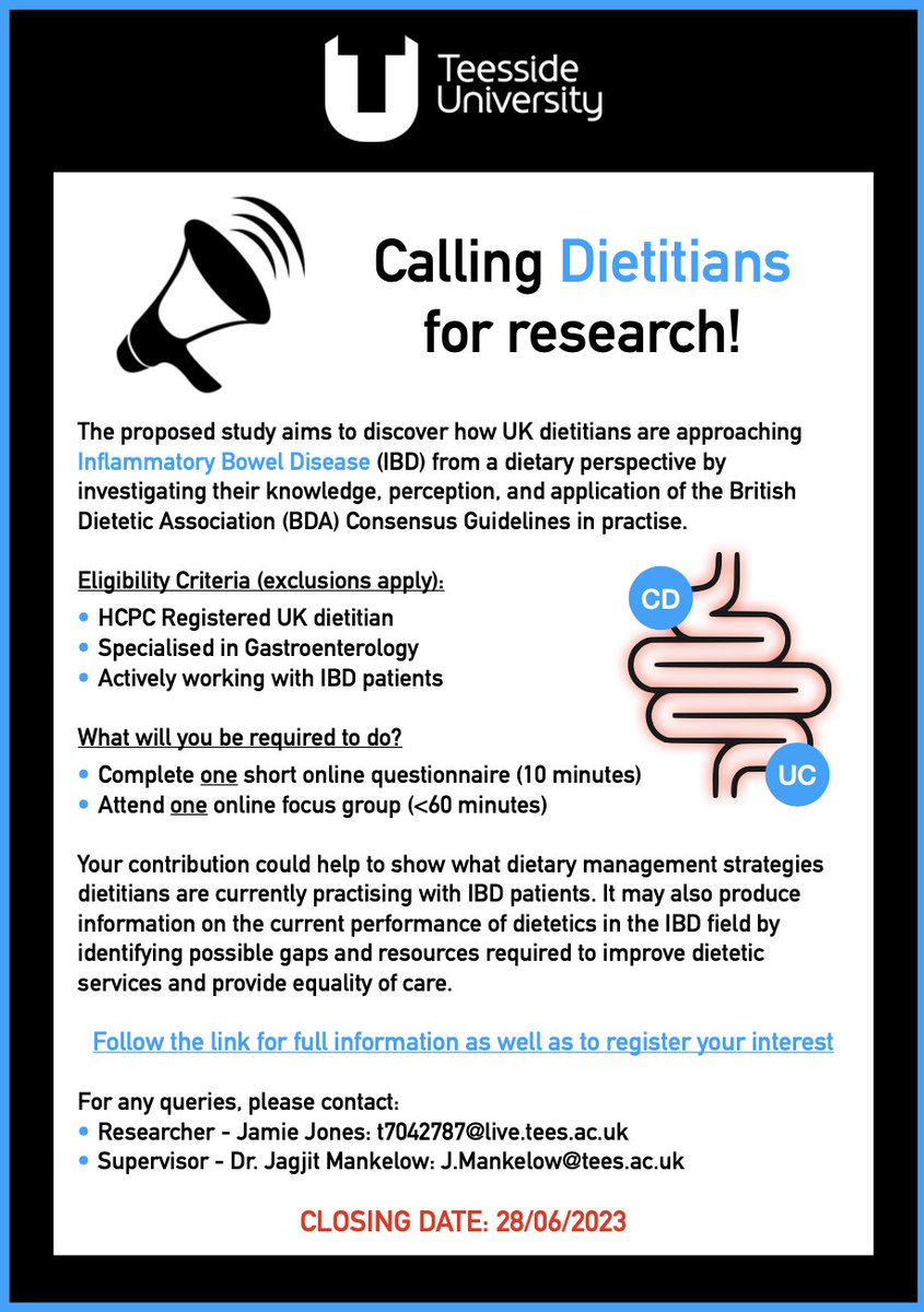 Jamie Jones RD (@dietitianjones) on Twitter photo UK gastroenterology dietitians with experience in Inflammatory Bowel Disease required for a study investigating dietary management strategies. Follow the link for more information: teesside.onlinesurveys.ac.uk/tudietetics_di… <a href="/bda_gastro/">BDA Gastroenterology Specialist Group</a> <a href="/BDA_Dietitians/">British Dietetic Association</a> #bdagastro #IBD #Crohns #Colitis UK gastroenterology dietitians with experience in Inflammatory Bowel Disease required for a study investigating dietary management strategies. Follow the link for more information: teesside.onlinesurveys.ac.uk/tudietetics_di… <a href="/bda_gastro/">BDA Gastroenterology Specialist Group</a> <a href="/BDA_Dietitians/">British Dietetic Association</a> #bdagastro #IBD #Crohns #Colitis