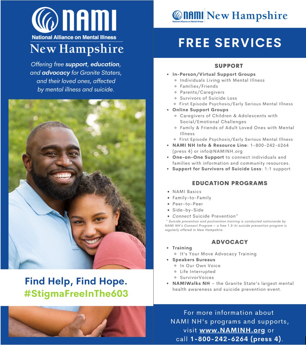 NAMI_NH's tweet photo. You are not alone. 💚

NAMI NH provides free support, education, and advocacy for individuals, and their loved ones, impacted by mental illness and suicide.  Learn more: 1-800-242-6264 (press 4) or info@NAMINH.org. https://t.co/Doi4JDbx83
