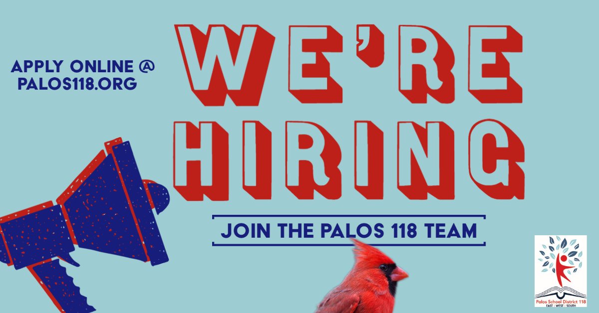 Palos 118 has several open positions available for the 23-24 school year: Bilingual EL teachers (Arabic), Middle School EL Teacher, Spanish Teacher, Language Arts teacher, Special Ed teacher, School Psychologist, Social Worker &amp; more
Visit tinyurl.com/3abjz73p to apply today.