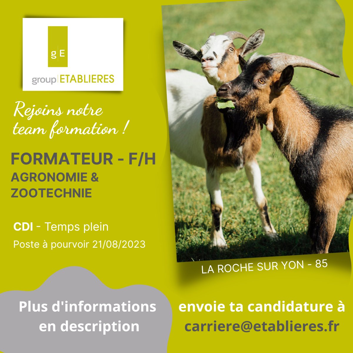 [OFFRE D'EMPLOI] 🐄 Formateur Agronomie et Zootechnie (F-H) en CDI 
👉Le groupe Établières recherche un #formateur #agronomie et #zootechnie (F-H) en CDI à #larochesuryon.
👉Lien pour l'annonce : etablieres.fr/le-groupe/trav…
🖋️Devenez Établien🙂