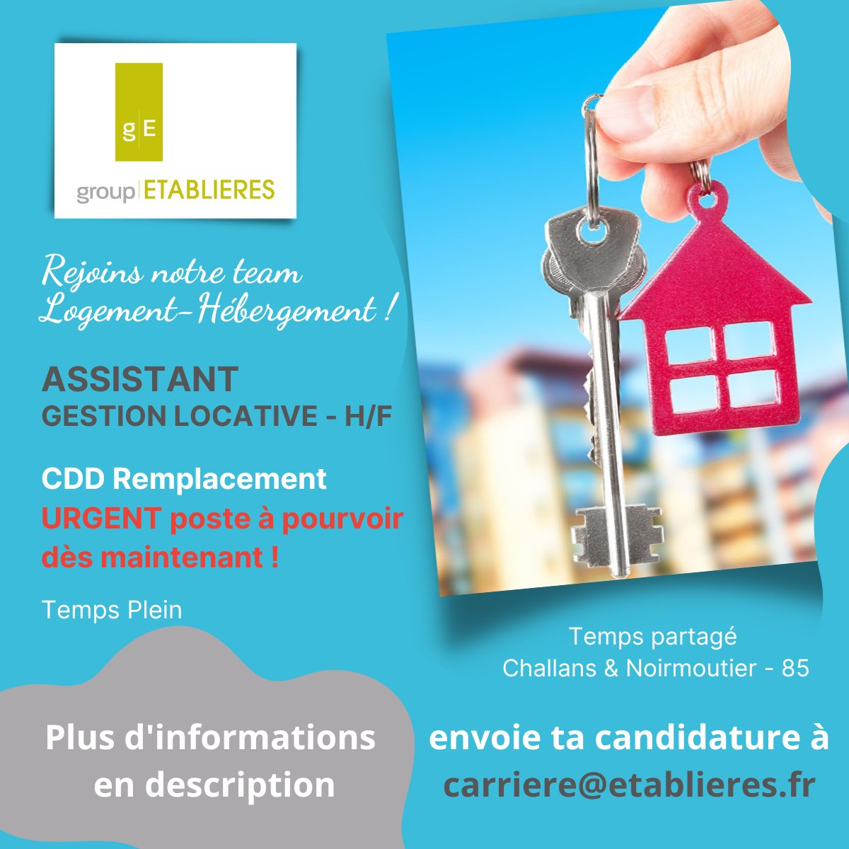 [OFFRE D'EMPLOI] 🏠Assistant Gestion Locative (F-H) en CDD
👉Le groupe Établières recherche un #assistant #gestionlocative (F-H) en CDD 3 jours à #challans  et 2 jours à #noirmoutier.
👉Lien pour l'annonce : etablieres.fr/le-groupe/trav…
🖋️Devenez Établiens🙂