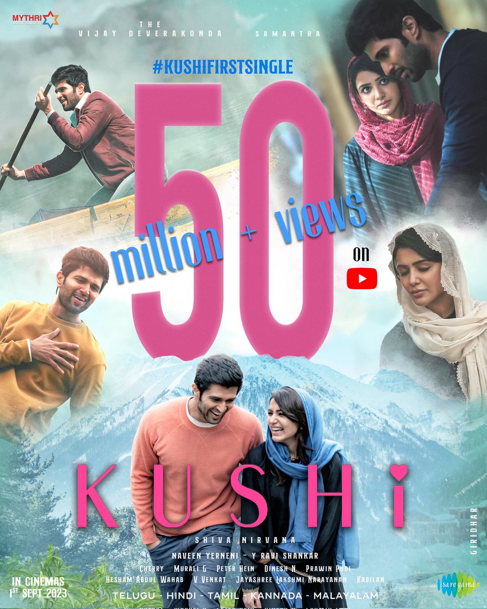 Teamtwts2's tweet photo. Everyone Is Grooving To The #Kushi First Single 💃🕺
#KushiFirstSingle Hits 5️⃣0️⃣MILLION+ Views And Continues To Touch Hearts 💗
- https://t.co/FKRv1UFqz8
@Samanthaprabhu2 @TheDeverakonda @ShivaNirvana @HeshamAWMusic
#VijayDeverakonda #Samantha
#SamanthaRuthPrabhu https://t.co/UAbMd5K9ou