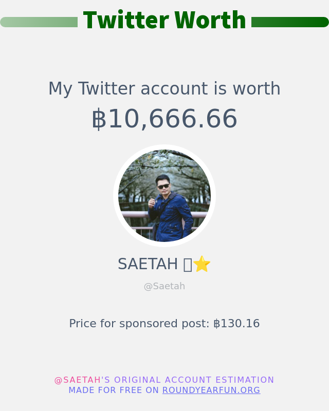 Saetah's tweet photo. มูลค่า ทวีตเตอร์ ของฉันคือ: ฿10,666.66

➡️ https://t.co/vql7hzfnqa https://t.co/7ieiidxwqZ