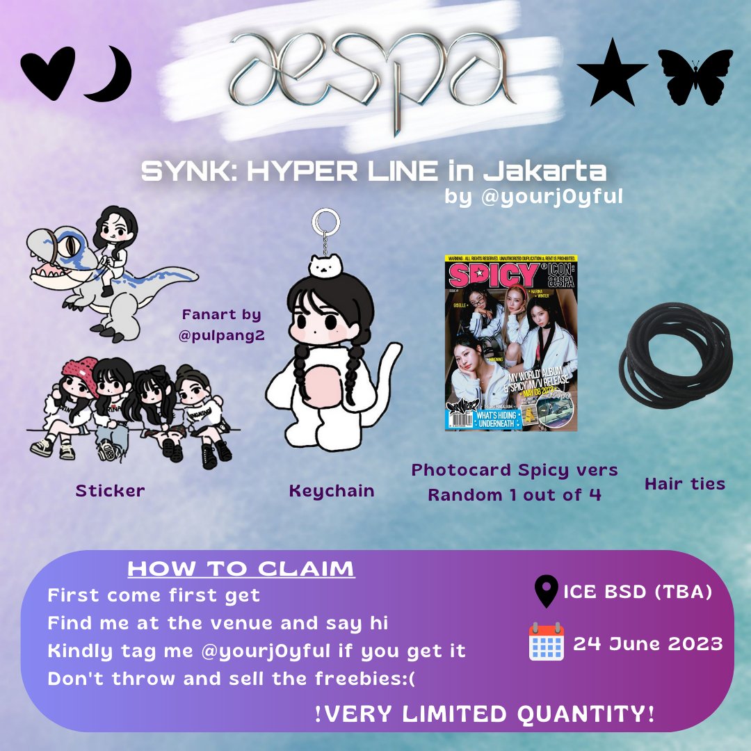 ˏ•⁀*.✧ FREEBIES AESPA༉
SYNK : HYPER LINE IN JAKARTA
by @yourj0yful 

🗓 Saturday, 24th June 2023
📍 ICE BSD
⏰️ TBA 🔜
❗️VERY LIMITED QTY❗️

Open for trade freebies, dm me!

See you🥰💙
#AESPAinJKT #aespa_SYNK_HYPERLINEinJKT
#aespaLIVETOUR2023_SYNK_HYPERLINE_inJAKARTA