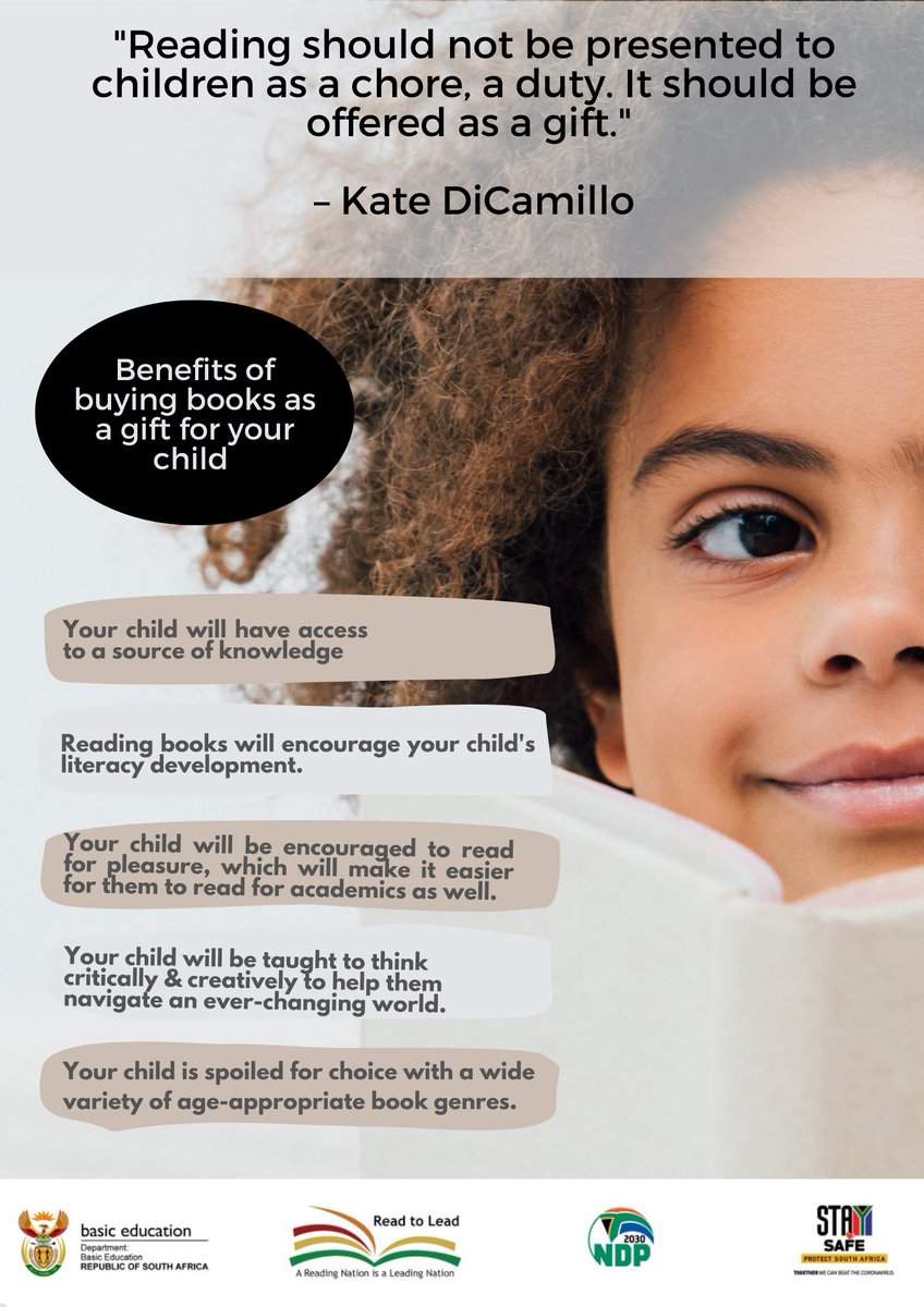 DBE_SA's tweet photo. Buying your child a book as a gift is an investment. As a parent, you are #playingyourpart by gifting your child an opportunity to improve on their vocabulary, comprehension, and spelling.

#Read2Lead https://t.co/86Hn1QaPiY