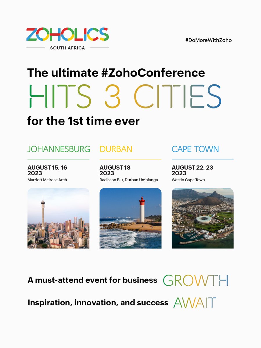 ZohoAfrica's tweet photo. This time, we'll be expanding our reach beyond Johannesburg & Cape Town & meeting you in Durban as well. Be there to learn all the latest on #ZohoTech:
https://t.co/bfIxQDZmJv
#Zoholics https://t.co/Tk0nOVOOnI