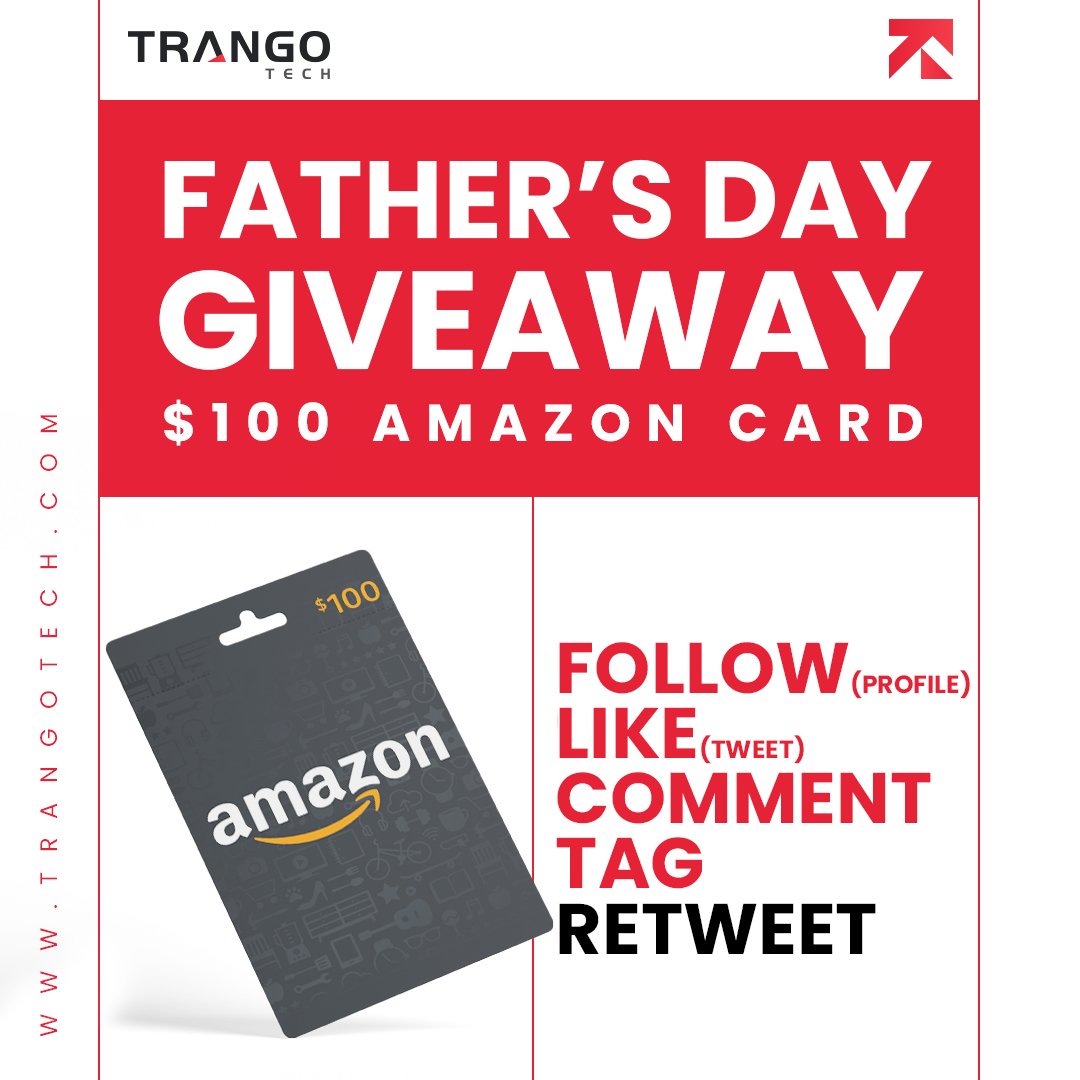 TrangoTech's tweet photo. FATHER'S DAY #GIVEAWAY, WIN $100 AMAZON CARD!

1. Follow our profile
2. Heart this tweet
3. Reply with a message for your father
4. Tag 3 friends
5. Retweet

More retweets, more the chances of winning!😍

#FathersDay #AmazonCard #giftcard #giftcardgiveaway #giftcards #contest https://t.co/UhkkXyVDdQ