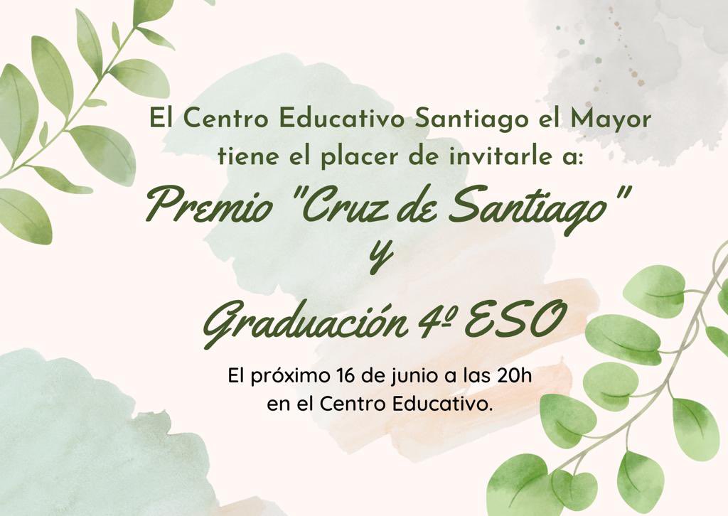 El viernes a las 20h viviremos dos momentos muy especiales: 
- La entrega del Premio Cruz de Santiago El Mayor “a los valores humanos”, a título póstumo a Cipriano González Sánchez, “el amigo de los pobres”
- La graduación de nuestros alumnos de 4º de ESO

¡Os esperamos!