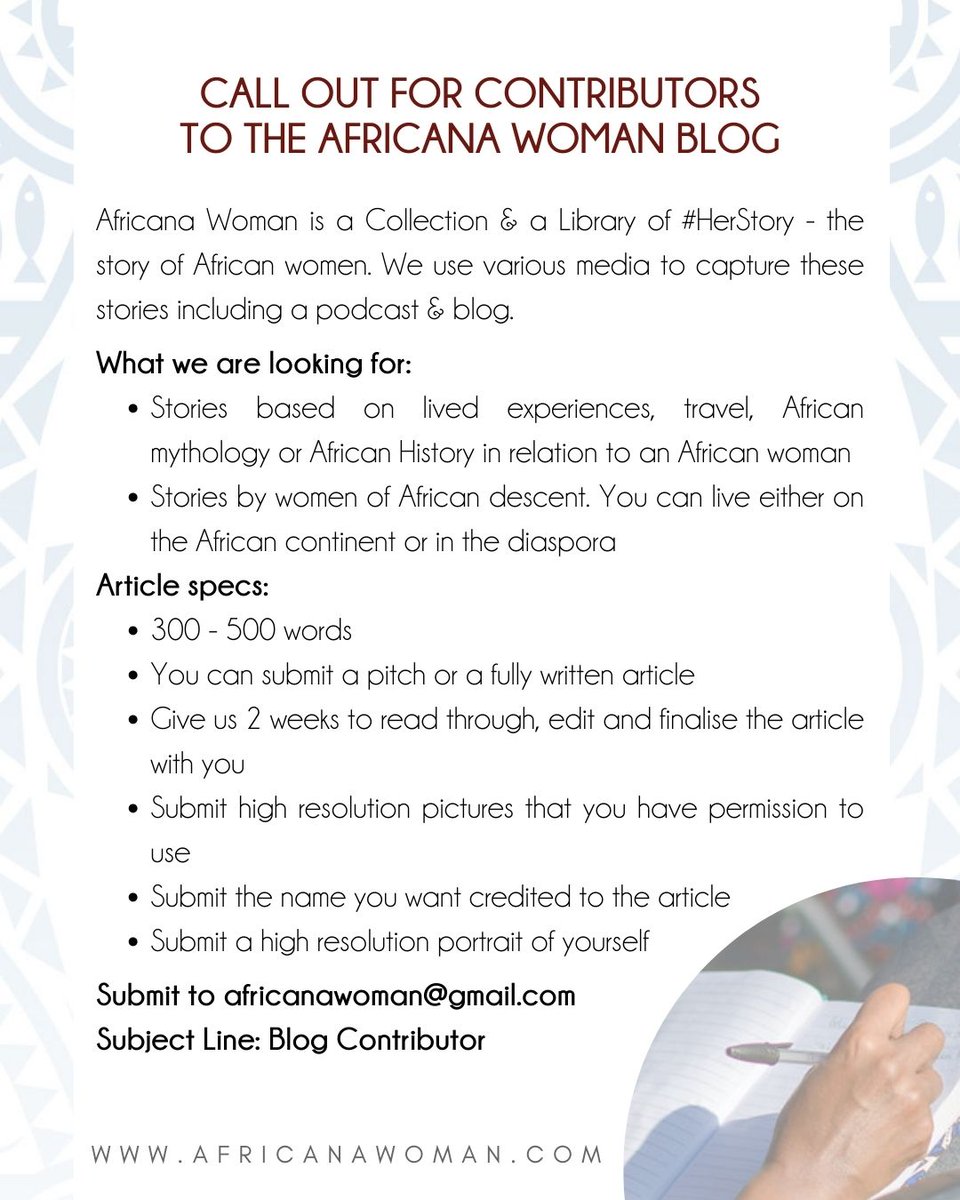 Do you have a story to tell?
We are looking for you

email: africanawoman@gmail.com

#AfricanaWoman #Blog #AfricanStories #AfricanNarratives #AfricanWomen