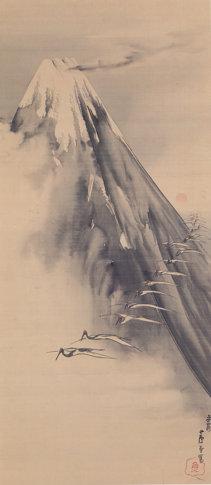 No4451掛軸　長沢芦雪　老松寿鶴図　着色紙本　識箱　日本画　古美術　送料無料 No4451掛軸 長沢芦雪 老松寿鶴図 着色紙本 識箱 日本画