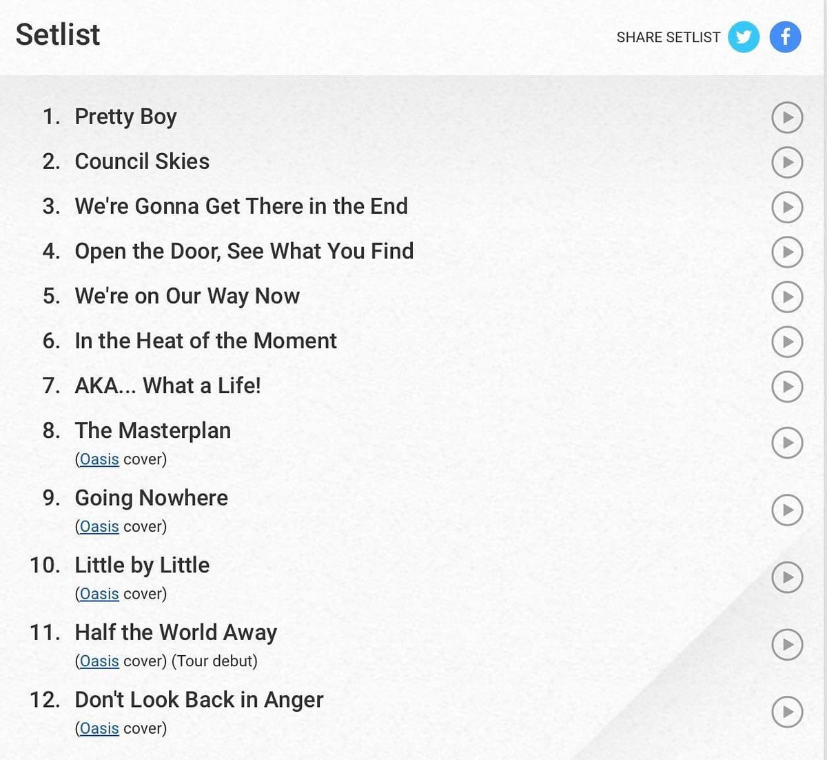Noel Gallagher's setlist last night