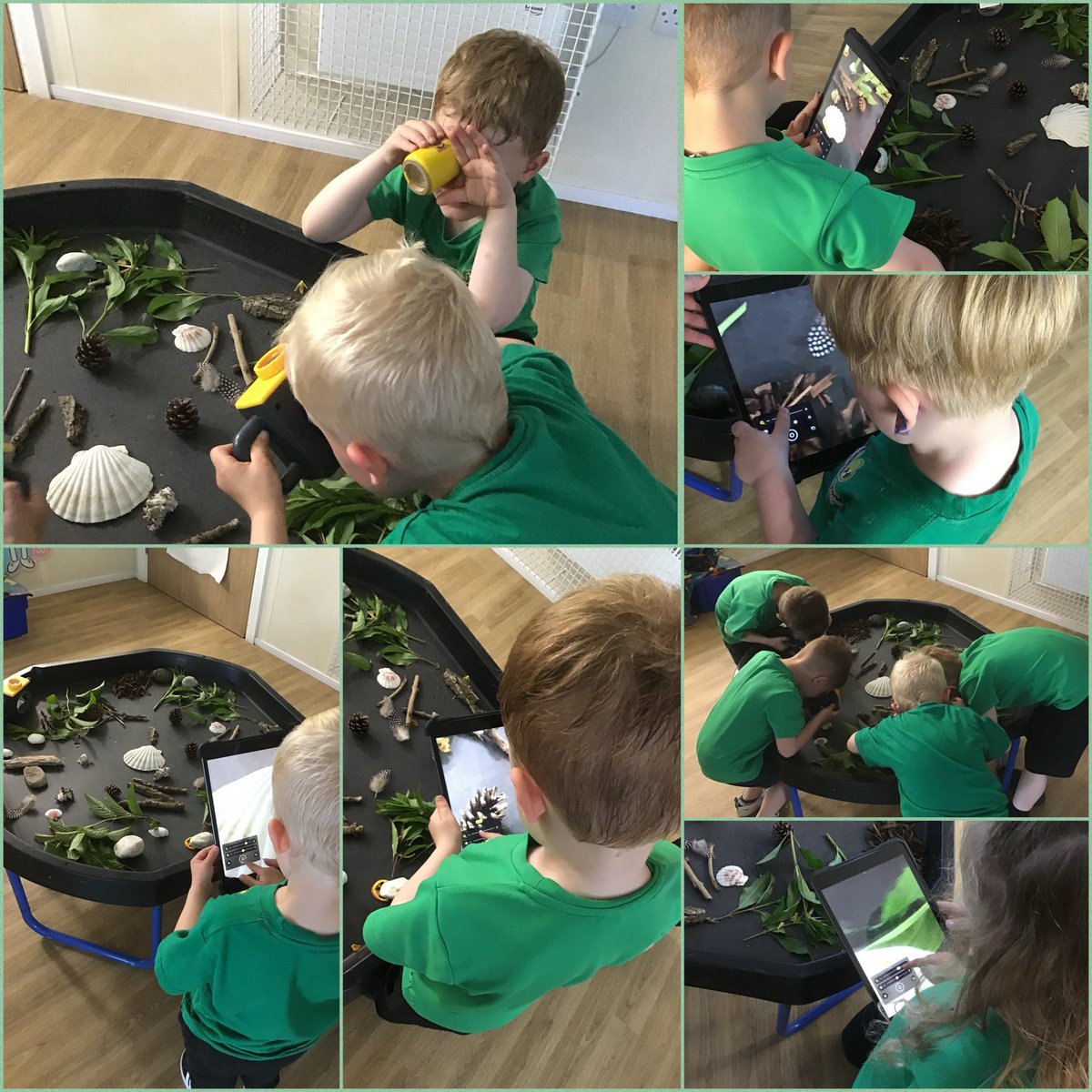 CloverfieldsSch's tweet photo. Today as part of our science topic living things and their habitats, Cubs Class used the magnifying app on the iPad to closely observe natural materials. The children described what they could see and had a guess at what it could be. #Cloverfieldsscience #CloverfieldsEYFS https://t.co/iJKzBIkLQ2