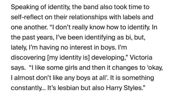 since it’s pride month let’s bring this interview back. vic didn’t only hint on being a lesbian she also hinted on being a lesbian who only likes harry styles and Oh Boy! do i know many lesbians with a comfort little man! most iconic thing she’s ever said i’m afraid 🔥