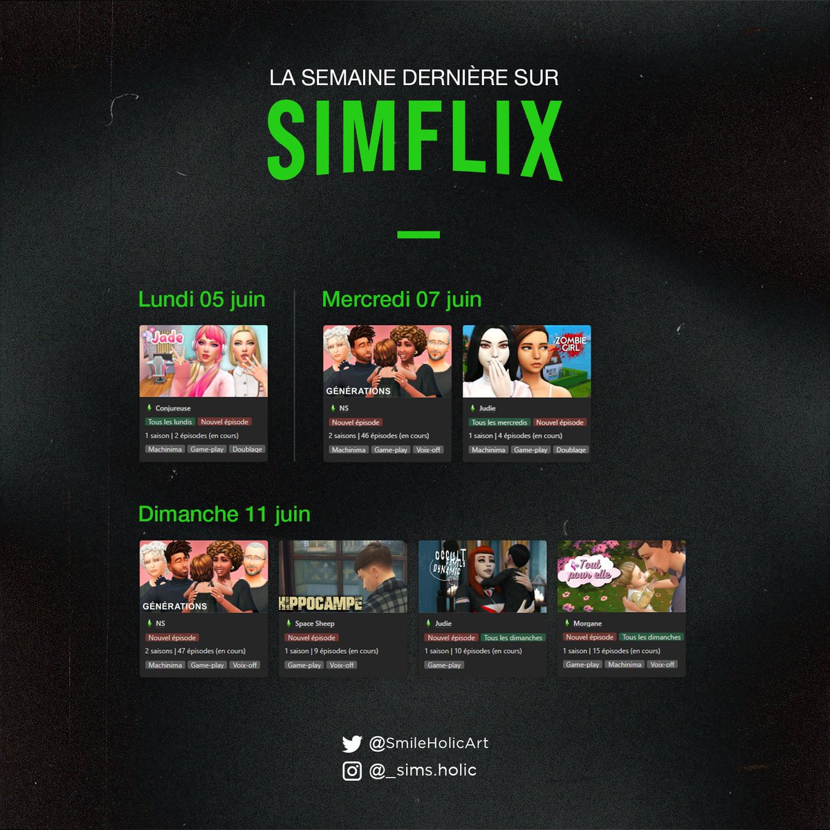 SmileHolicArt's tweet photo. Voilà la prog de la semaine dernière sur simflix, retrouver les épisodes de @conjureuse @NSProduction99 @judie_ytb Space Sheep et @MomoPerez7
Le calendrier de cette semaine est à jour sur le site.
Bon visionnage ! #simflix
Simflix : https://t.co/eUCd2NNPDN https://t.co/JMUyDahHlS