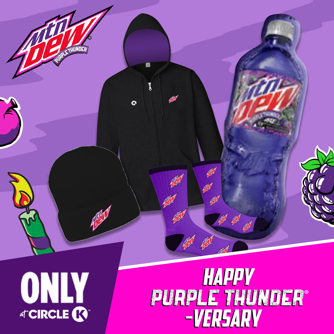 Purple is definitely the coziest color 💜 Trust us. Get a chance to win a Mtn Dew Purple Thunder body pillow, socks, hoodies, or beanie hat only at Circle K.

Here’s how you could win:
1. Follow us 
2. Like this post 
3. Comment #PurpleThunderversary #sweepstakes