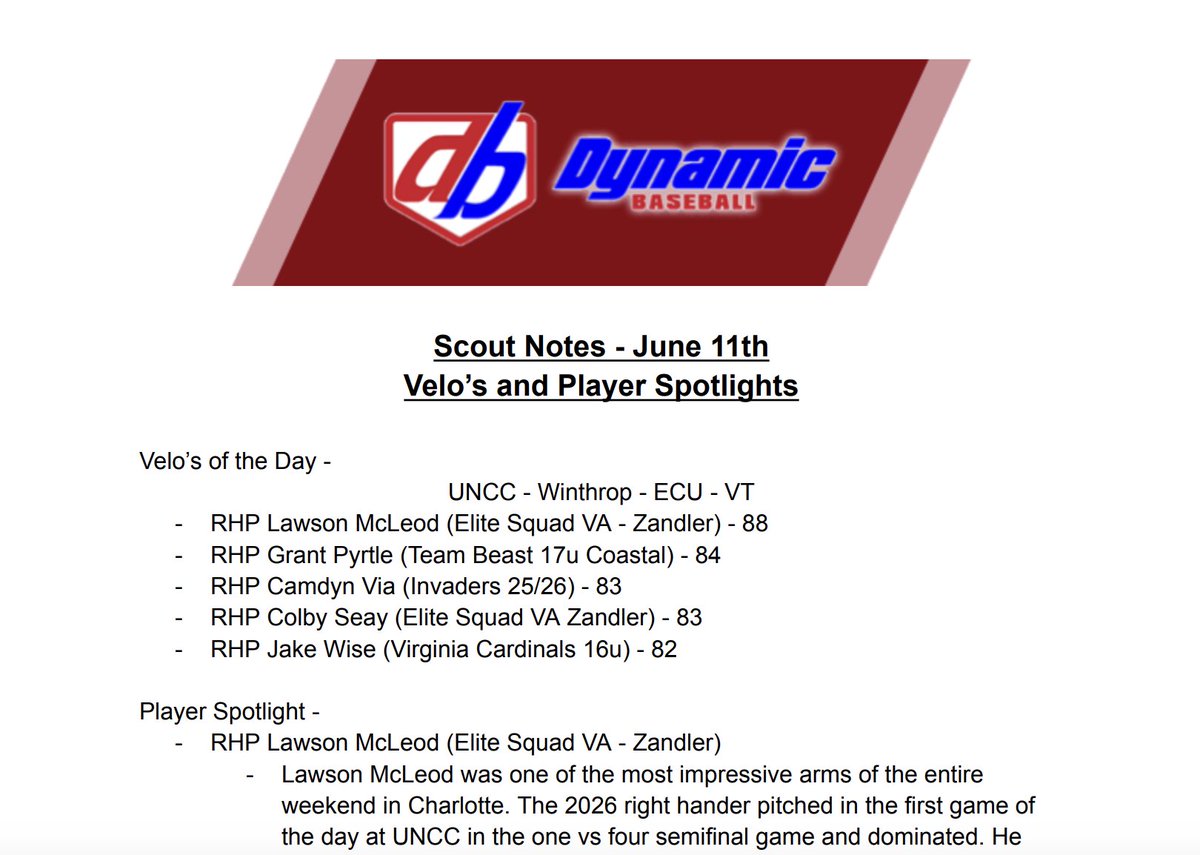 DynamicBaseball's tweet photo. Check out the Scout Notes from the June 11th games! Includes Velo's and Player Spotlight!

https://t.co/6iJAk67zMB https://t.co/kqp1nJqJOM