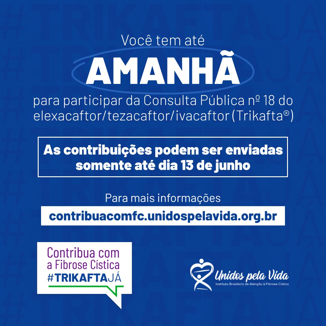 unidospelavida's tweet photo. É só até amanhã! 📣
Você tem até essa terça-feira (13/06) para deixar a sua contribuição na Consulta Pública nº 18 do Trikafta®.
Sua participação é fundamental!
➡ Acesse https://t.co/KQKC2PWzVL e saiba como participar.
#fibrosecistica #trikafta #conitec #consultapublica https://t.co/Ync0BIYUs4