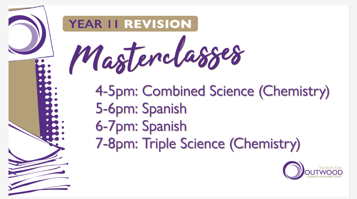 ⏳ TONIGHT! ⏳

Year 11 GCSE Revision Masterclasses! 💜

💻 Hour-long webinars
☑️ Led by expert subject Directors

Check out the full timetable for the week ahead here:
🖱️ outwood.com/revision-maste…

#OutwoodFamily💜