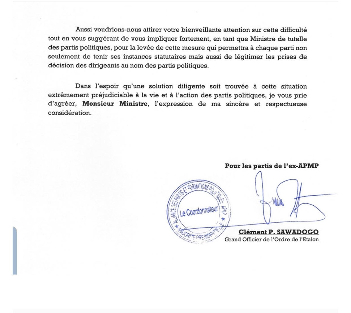 #BurkinaFaso : Dans une lettre adressée au MATD, dont copie est ci-dessous, la composante ex-majorité a répondu à l’invitation à des réflexions sur les réformes des partis et des élections. Pour elle, la levée de la suspension des activités des partis est un préalable.