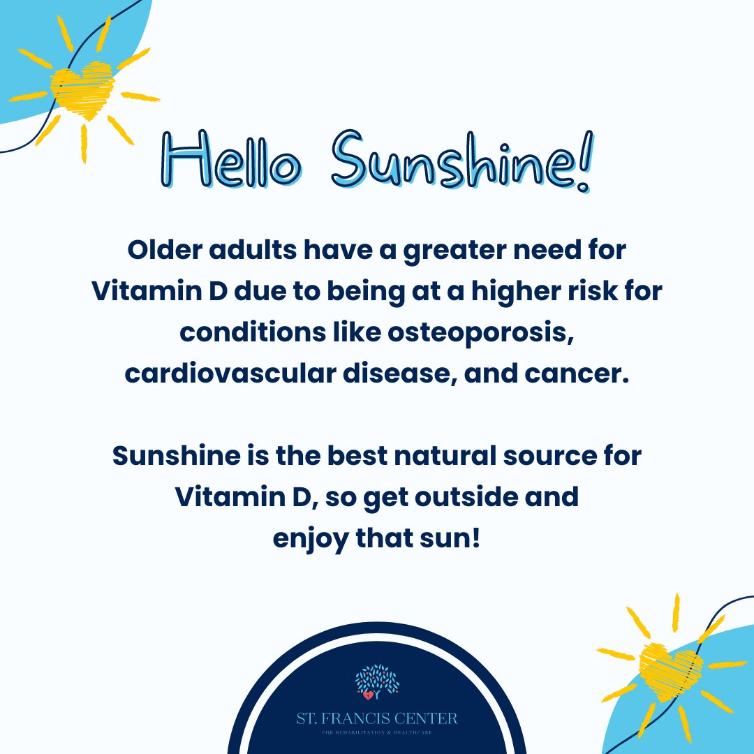 Vitamin D is a must when it comes to senior health! It helps increase bone health and improve overall well-being for seniors, so remember to get outside and soak up some sunshine. Don't forget the sunscreen!

#SeniorHealth #VitaminD