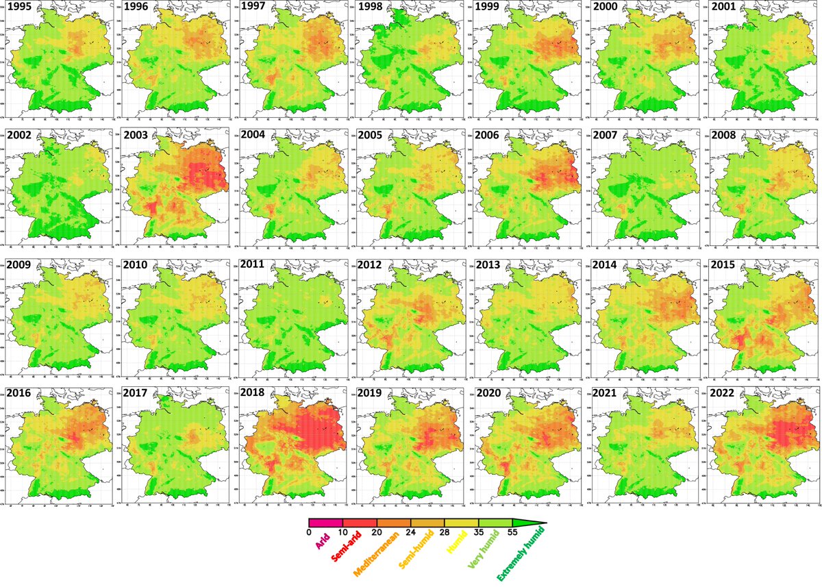 De Martonne Aridity Index for Germany (1995 - 2022). Red indicates #arid, green humid. I would not like to leave in the eastern part of Germany. It definitely gets #drier What 2023 will bring?! #drought2022 #Germany #wasserwirdknapp