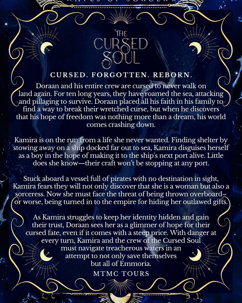 mtmctours's tweet photo. We're thrilled to reveal the cover for THE CURSED SOUL by K.C. Smith!! 🌊 A brand new adult fantasy duology full of curses, elemental magic, pirates, myths, and adventure! 😍✨📚 Out on September 12th, 2023 from @PhantomHPress. Cover designed by saintjupit3rgr4phic. https://t.co/KMQPDp6IL2