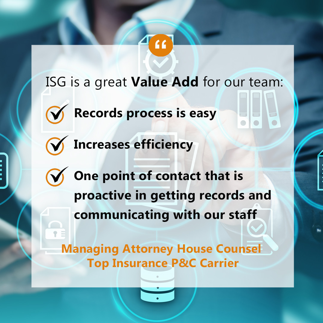 ISGvalue's tweet photo. At ISG, we are delighted to witness the value we bring to our clients by enhancing speed and efficiency through our innovative records management solutions.
#clienttestimonial #clientquote #insurance #claims #recordretrieval #integratedsolutions 
#valuesbased #ISGValue https://t.co/BwdNABrbTw