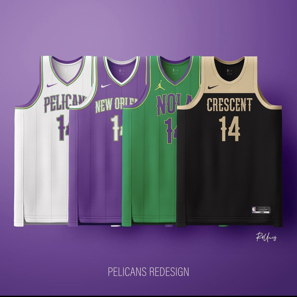 #Pelicans fans! What do you think of these jersey concepts from <a href="/r4unis/">r4</a>?

Single photos in the thread.