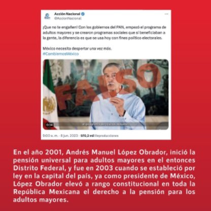 infodemiaMex's tweet photo. ❌Falso que @VicenteFoxQue creó la pensión para adultos mayores

✅En 2001 @lopezobrador_ inició la pensión universal para adultos mayores en el entonces Distrito Federal, y en 2003 se estableció por ley este derecho en la misma entidad

➡️https://t.co/0YEn2rUiIH https://t.co/3GClKosoBK