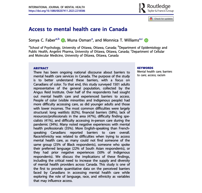 Our article about barriers that Canadians of color face when trying to access mental health care services is now published on Taylor & Francis online! Thank you to everyone who worked on this. #academicwriting #bipocmentalhealth @tandfMediaArts @drmonnica