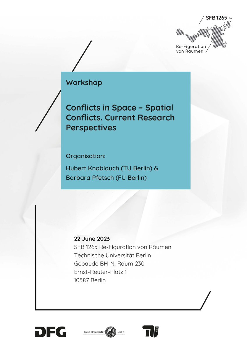 SFB1265's tweet image. We cordially invite all those interested to the workshop &quot;Conflicts in Space – Spatial Conflicts. Current Research Perspectives&quot;!
🗓️22 June 📍TU Berlin, Bh-N Room 230
#spatialresearch #sociology #conflicttheory
For more info and registration click here: sfb1265.de/en/events/conf…