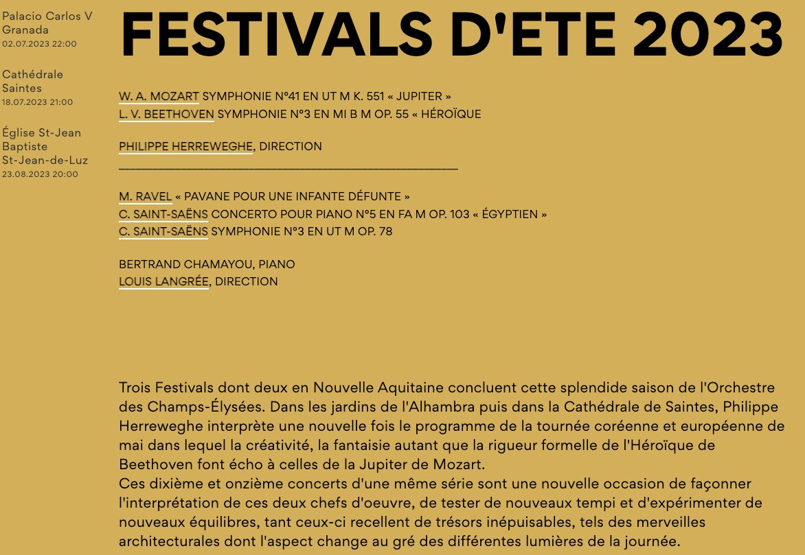 🌞 ! c'est l'été  ! 🌞

🇪🇸 Festival de Granada @FestivalGranada 02/07
🇫🇷 Festival de Saintes @Abbayeauxdames 18/07
🇫🇷 Festival Ravel @FestivalRavel 23/08

#Mozart #Beethoven #Saint_Saëns #Ravel avec @ChamayouB, P. #Herreweghe, @LouisLangree.

🤩 urlz.fr/mhsC 🤩