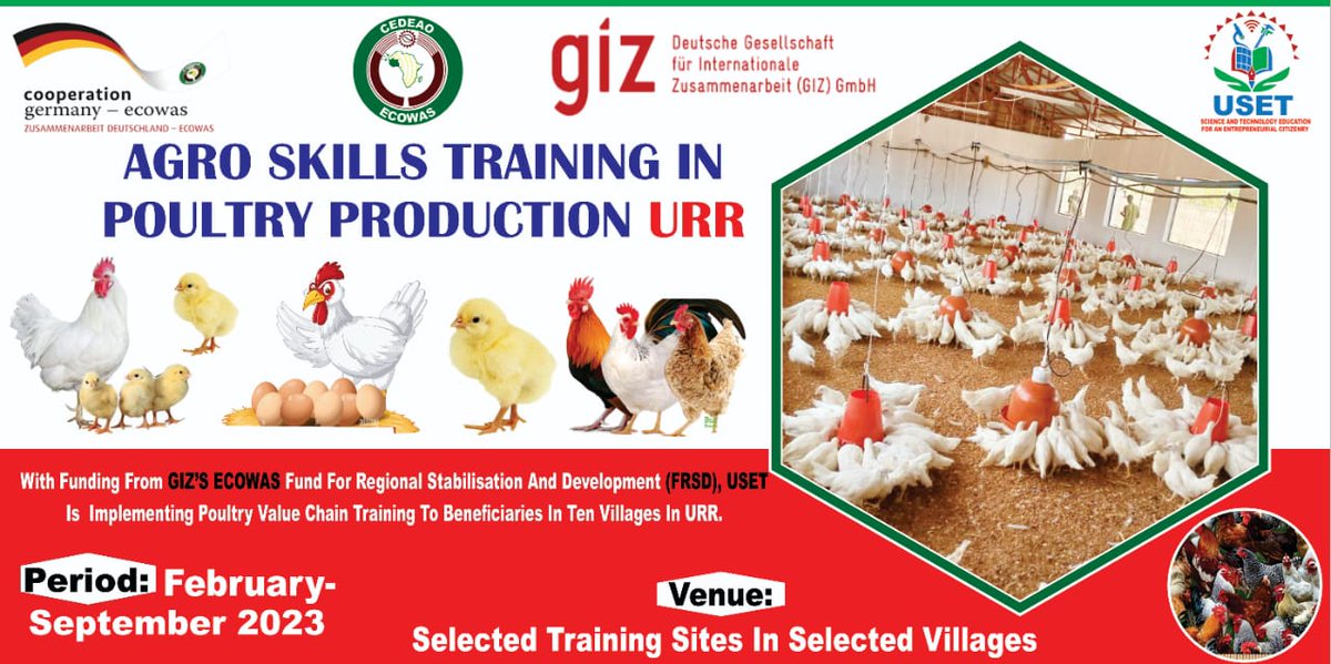 USET_UNIVERSITY's tweet photo. AGRO SKILL TRAINING IN POULTRY PRODUCTION URR

With Funding From GIZ’S ECOWAS Fund For Regional Stabilisation and Development (FRSD), USET Is Implementing Poultry Value Chain Training To Beneficiaries In Ten Villages in URR
From February – September 2023 https://t.co/cG8eBqyiwD