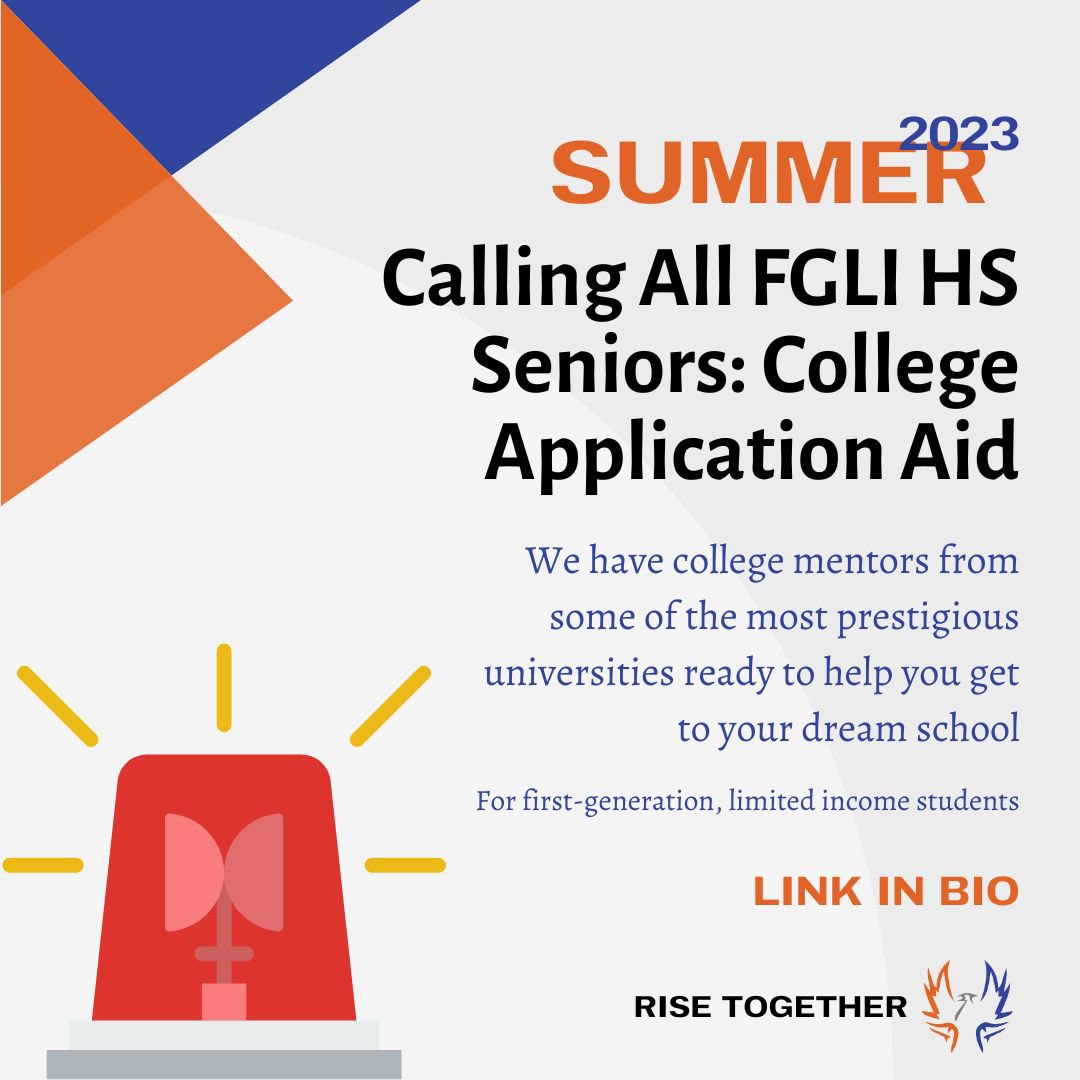 Rise4RealChange's tweet photo. RiseTogether is looking for First-Gen, Limited Income students. We help them navigate the journey and college application process by providing college students mentors who already went through the process. It is free to join. Link in bio. https://t.co/9U2tBQjJjZ