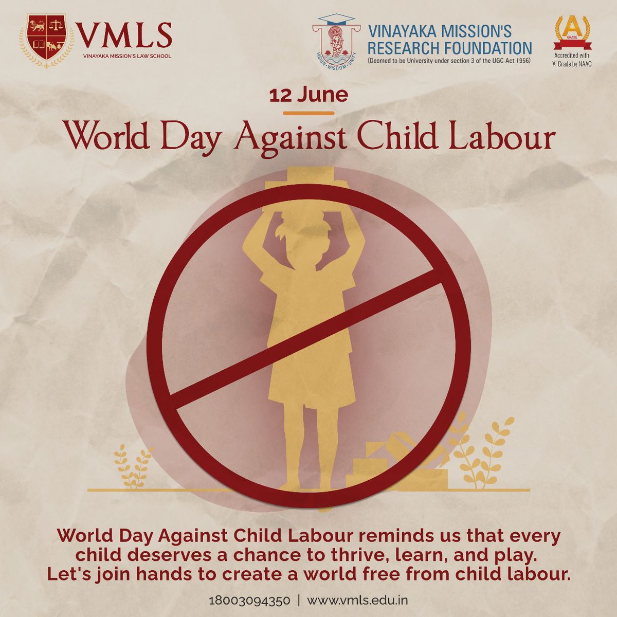 World Day Against Child Labour reminds us that every child deserves a chance to thrive, learn, and play. Let's join hands to create a world free from child labour.

#worlddayagainstchildlabour #vmlslawcollege #bballb #bcomllb #llb #lawcollege #lawinstitute