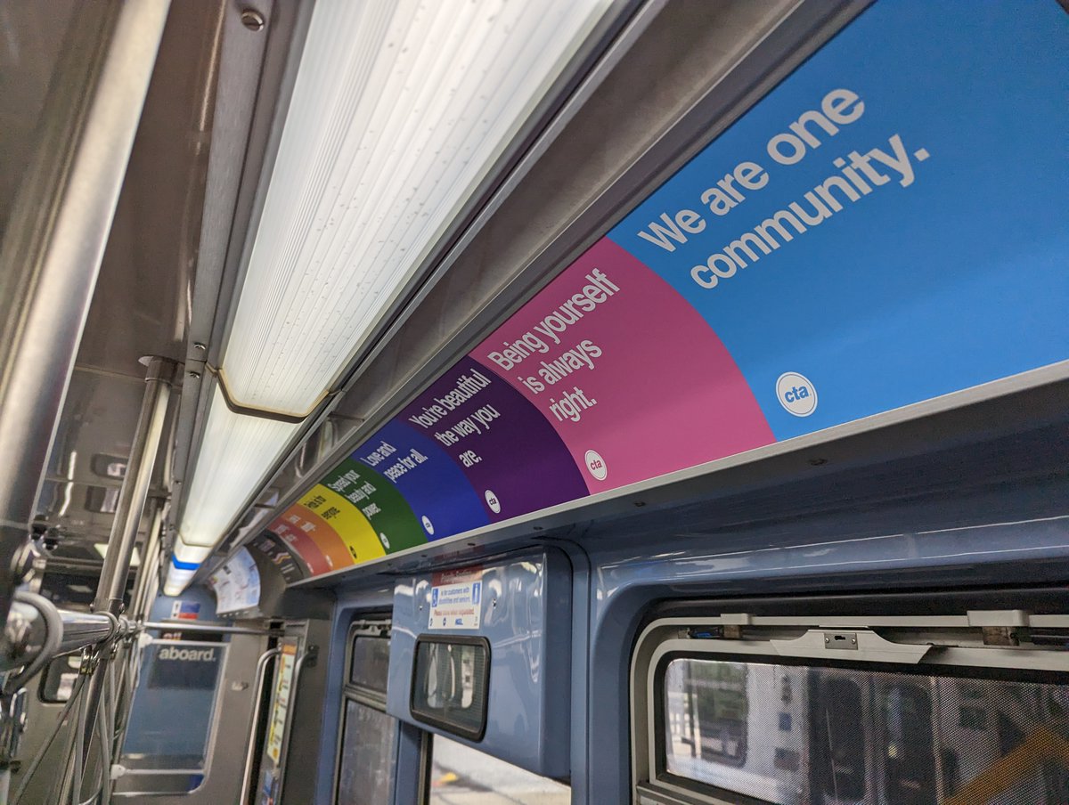 cta's tweet photo. Welcoming ALL aboard the 2023 Pride Train, now in service on the Red Line through this fall! 🌈

More: https://t.co/2TKcFTzNTW https://t.co/NUyUgZ1Qwm