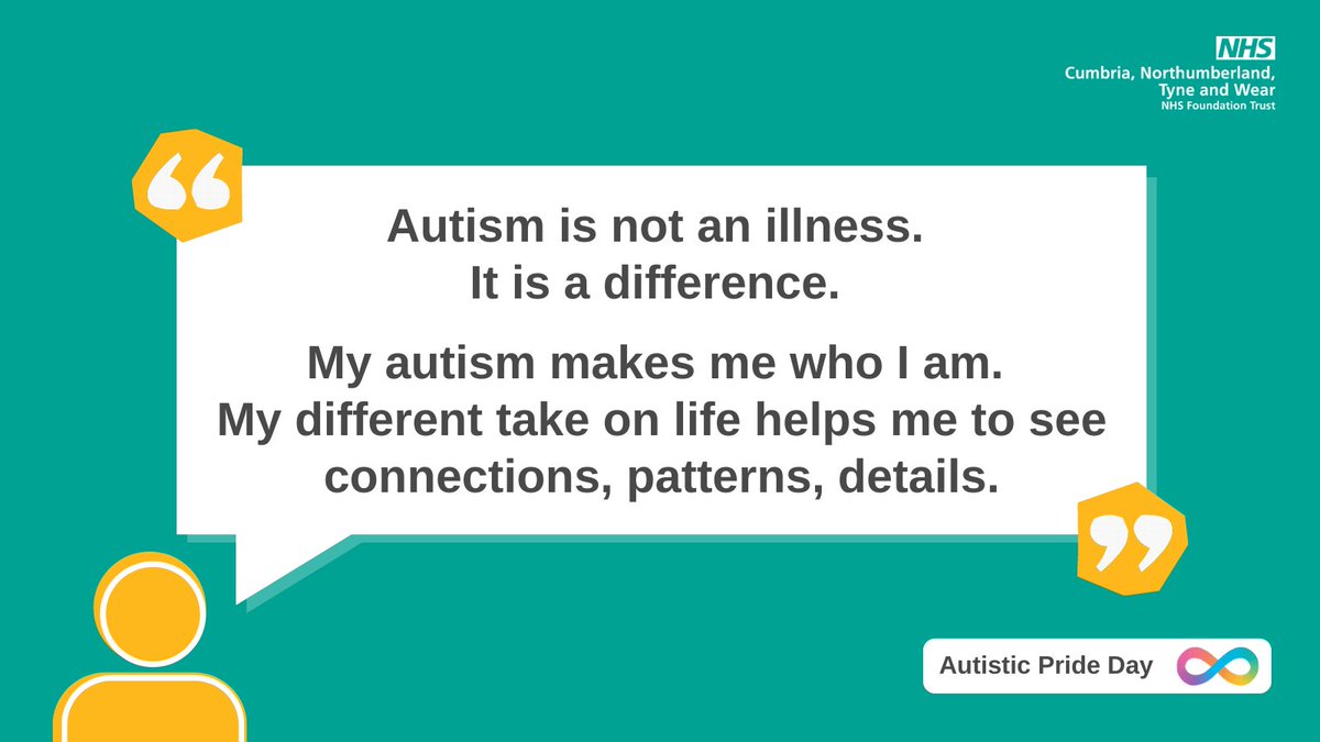CNTWNHS's tweet photo. It’s #AutisticPrideDay - an opportunity for autistic people to celebrate both their potential and differences.

To mark the day, one of our staff members has shared her experience of being autistic - https://t.co/J71LnBZc6v https://t.co/49Ly1NFE8n