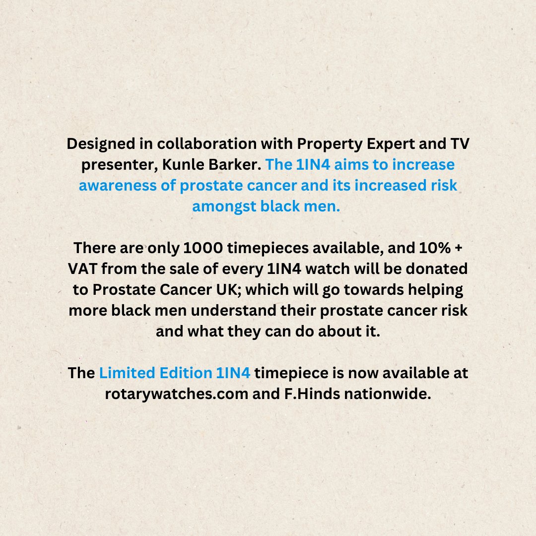RotaryWatches's tweet photo. Celebrate #FathersDay with the gift of giving. The 1IN4 watch, honouring @ProstateUK, features exceptional details that make the watch stand out as a true collector's item.
Every sale contributes a 10% + VAT donation to help stop prostate cancer. #RotaryWatch #PCUK #1in4 https://t.co/cljZE1dMWh