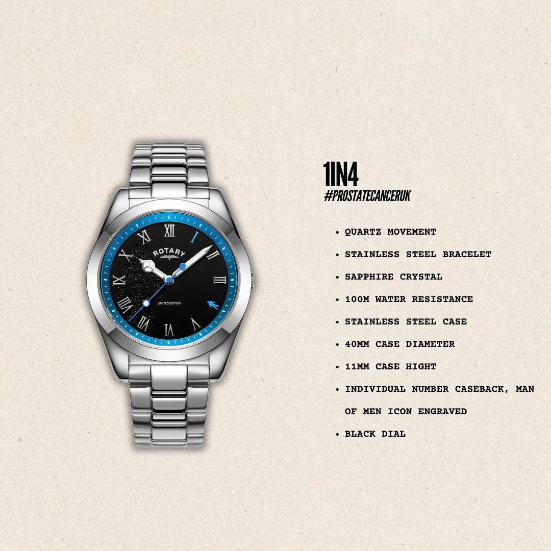 RotaryWatches's tweet photo. Celebrate #FathersDay with the gift of giving. The 1IN4 watch, honouring @ProstateUK, features exceptional details that make the watch stand out as a true collector's item.
Every sale contributes a 10% + VAT donation to help stop prostate cancer. #RotaryWatch #PCUK #1in4 https://t.co/cljZE1dMWh