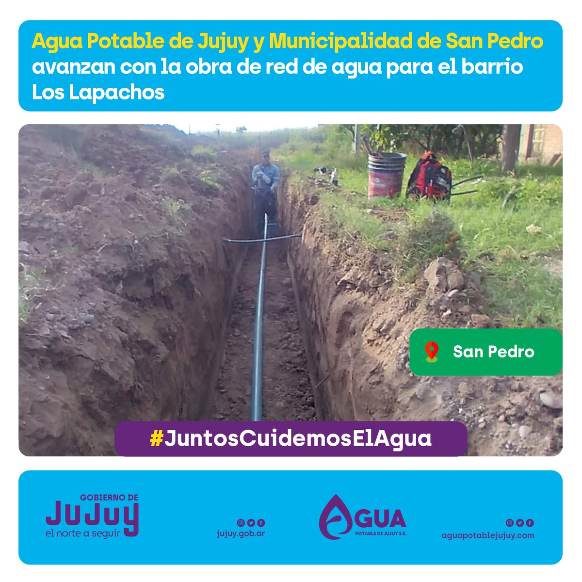 AguaJujuy's tweet photo. #SanPedro
👷 Respondiendo al pedido de los vecinos del barrio Los Lapachos de la ciudad de San Pedro de Jujuy, Agua Potable de Jujuy junto a la Municipalidad San Pedro de Jujuy avanzan con la instalación de la red de agua potable en el lugar. https://t.co/IcJMtQSTzS