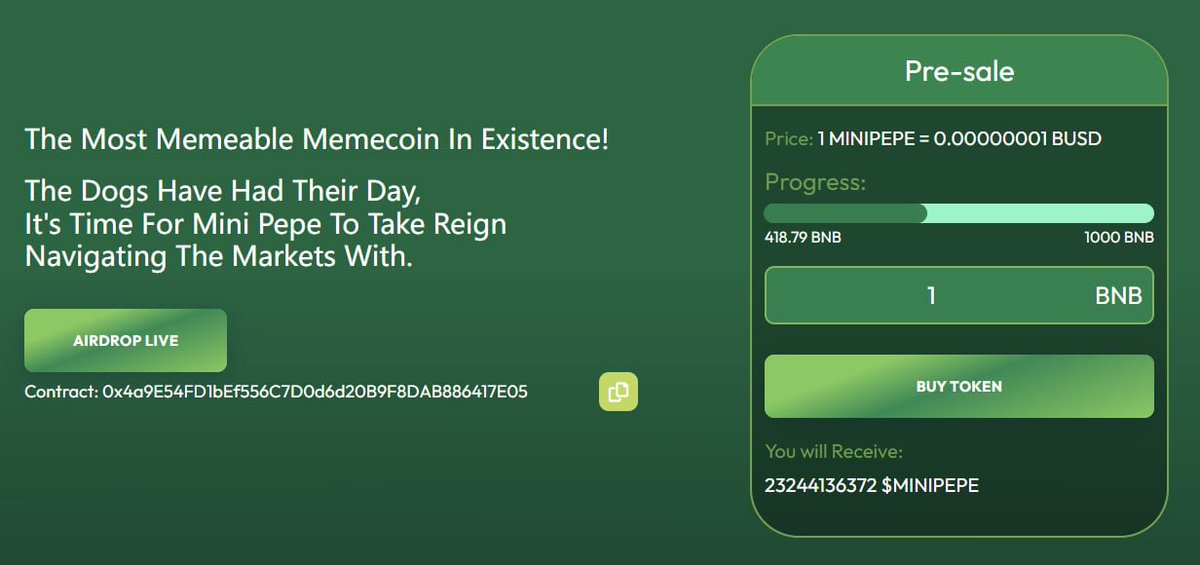 MiniPepebsc's tweet image. The limited minipepe is open for pre-sale, the progress is more than 40%, pre-sale price is only $0.00000001 (market price: $0.00000012)

👉Buy Pre-sale:  minipepe.me

🔖0x4a9E54FD1bEf556C7D0d6d20B9F8DAB886417E05

#MiniPepe #Presale