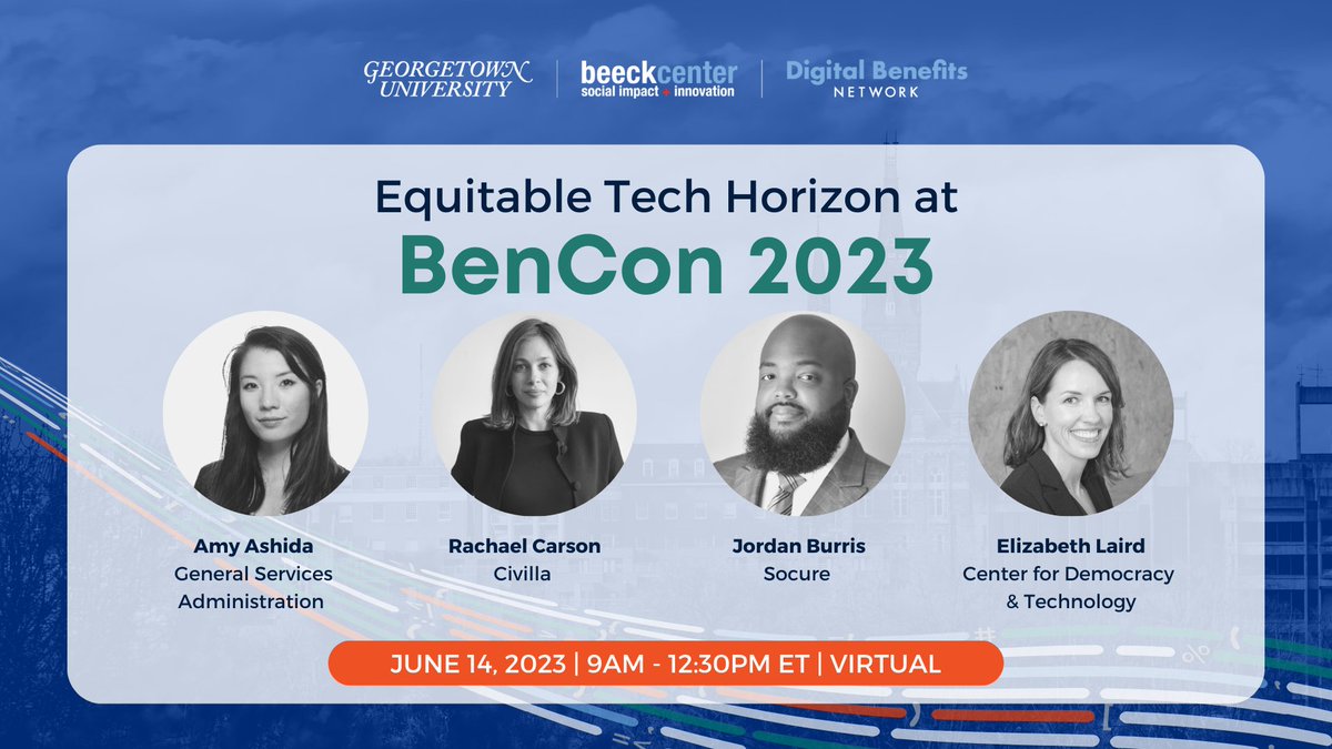 Wednesday: Hear from cross-sector leaders <a href="/JordansRules/">Jordan Burris</a> , <a href="/amyashida/">Amy Ashida</a> <a href="/elizabethan/">Elizabeth Laird</a> <a href="/arielmai/">Ariel Kennan</a> &amp; <a href="/CivillaDetroit/">Civilla</a>'s Rachael Carson  as they examine the landscape of equitable tech in digital benefits at BenCon 2023 — broadcast live from <a href="/Georgetown/">Georgetown University</a>! RSVP: eventbrite.com/e/live-from-be…