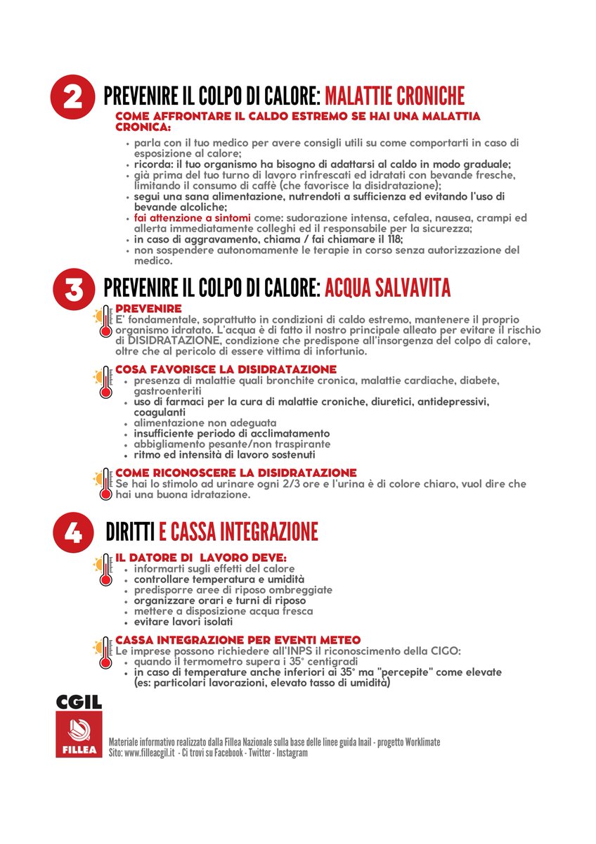 Fillea_Cgil's tweet photo. Caldo estremo doppio rischio, con l’approssimarsi dell’estate e l’aumento delle temperature si presenta come ogni anno il drammatico problema dei rischi da #colpodicalore. Le note #Inps e #Inail ed i volantini #FilleaCgil👉https://t.co/ZQAhWktN4M

#saluteesicurezzasullavoro https://t.co/n6uaRYq4xu