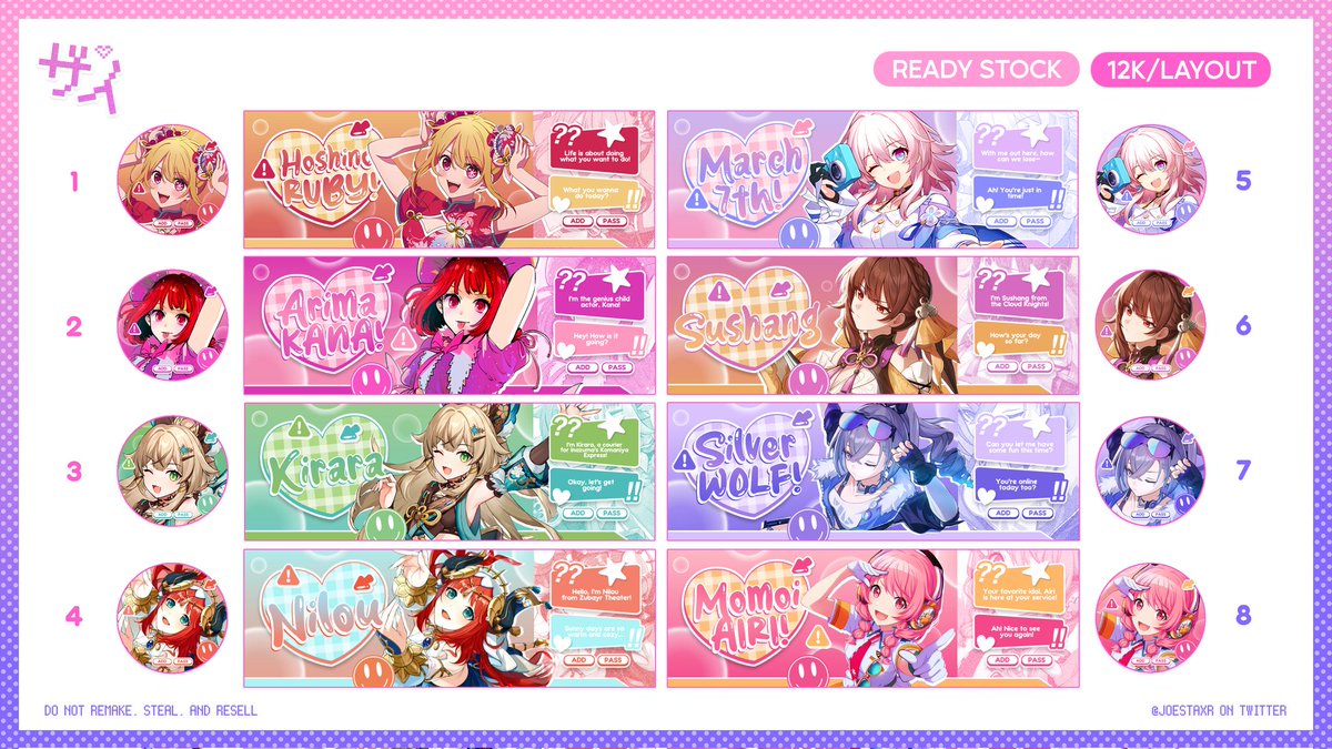 HELP RT♡

halooo, aku bawa layout ready stock anime, hsr, genshin, dan pjsk buat besok jam 19.00 WIB! 💰12k/layout (booking + fee 2k). available for qris &amp; e-wallet payment method. thank youu💓

#zonaba #zonauang #zonajajan