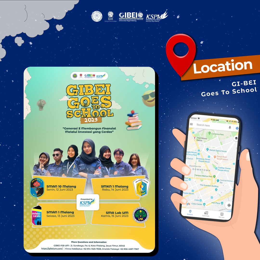 GIBEI Go To School 2023 merupakan kegiatan sosialisasi yang akan diadakan di beberapa sekolah terpilih di kota Malang. Acara ini akan menghadirkan tips and tricks menjaga kesehatan dan kestabilan finansial para siswa.
 
Tunggu kami di sekolah sobat KSPM FEB UM ya!😉