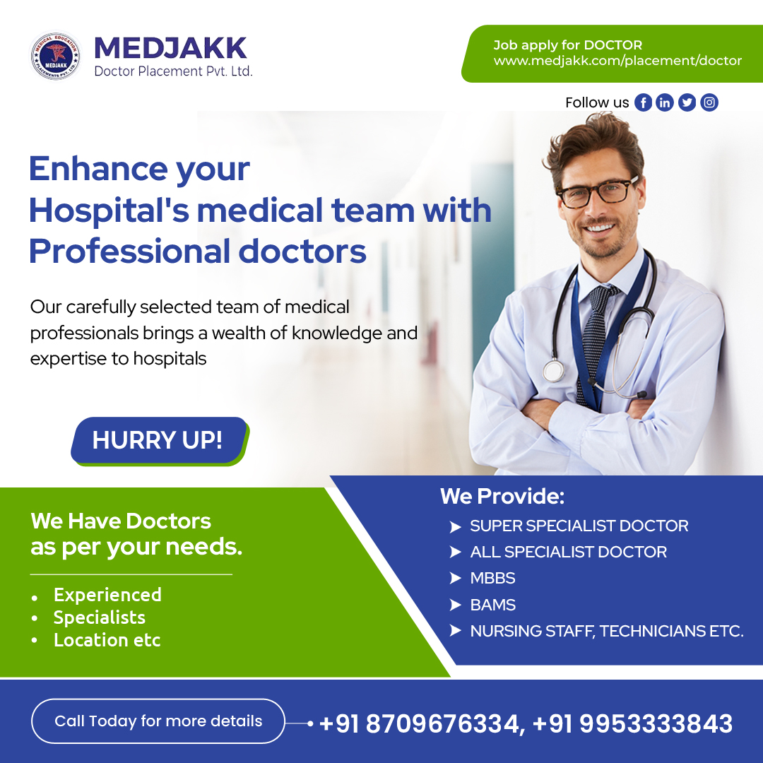 We offer a network of skilled physicians who are ready to provide exceptional care and expertise to your patients.

Apply here: medjakk.com/placement/doct…
📞 Contact us: +918709676334 0r +919953333843

#Medjakk #ProfessionalDoctors #ExceptionalCare #MedicalTeam #SkilledPhysicians