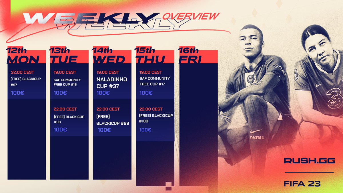 ⚽️ Welcome to the new week⚽️

It's a wonderful time to play #FIFA23 - the tournaments just never stop and are punctual like clockwork! Do some stretching, pick up the controller and start taking those dubs!

The victory awaits 👑

rush.gg/en/games/fifa-…