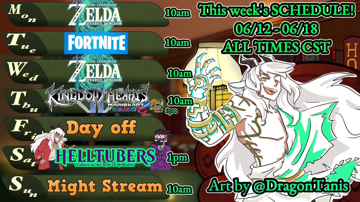 📅SCHEDULE📅
WE FINALLY GOT A SCHEDULE AGAIN
MON - #TearsOfTheKingdom 
TUE - #FortniteWILDS 
Wed - More Zelda: TOTK
Thu Morning - Kingdom Hearts 2.5
Thu night- #MarioKart8 with @EotWR_TiaSinger 
Sat - Helltubers with @MalikTorihaneVT 
🎨:@DragonTanis 
#VTubersAreStillWatching